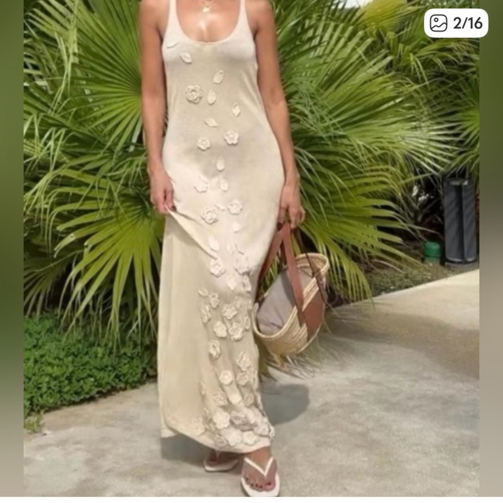 Caroline Constas Beige Floral Embroidered Maxi Dress